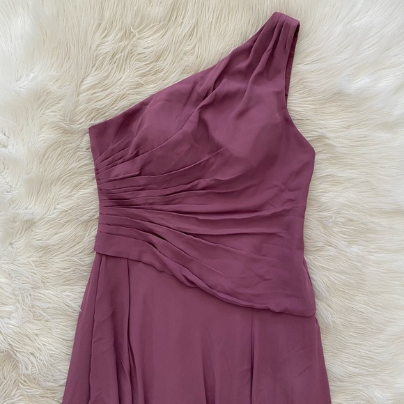 David’s Bridal Chianti Purple One Shoulder Georgette Cascade Bridesmaid Dress - Picture 3 of 14